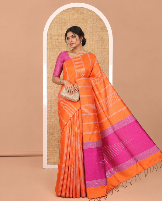 Borderless Rust Orange Semi-Raw Silk Saree, Decorated with Sequined Stripes, a Contrast Zari Striped Pallu, and Contrast Blouse