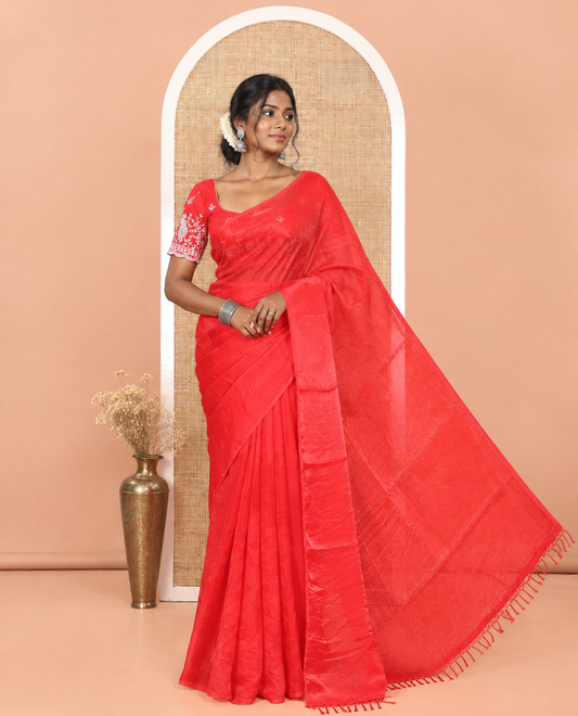 Borderless Red Plain Fendi Chiffon Saree, a Self-Pallu, and a Matching Peacock Embroidered Blouse