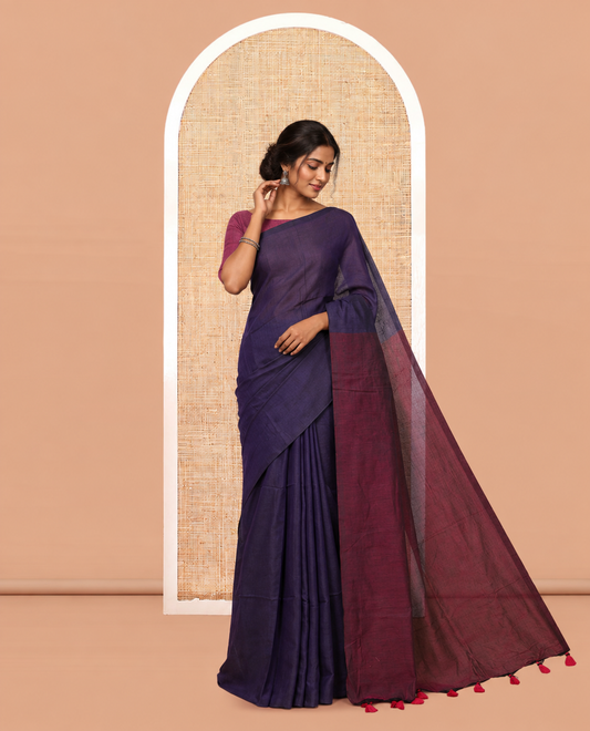 Borderless Violet-Purple Plain Design Khadi Cotton Saree