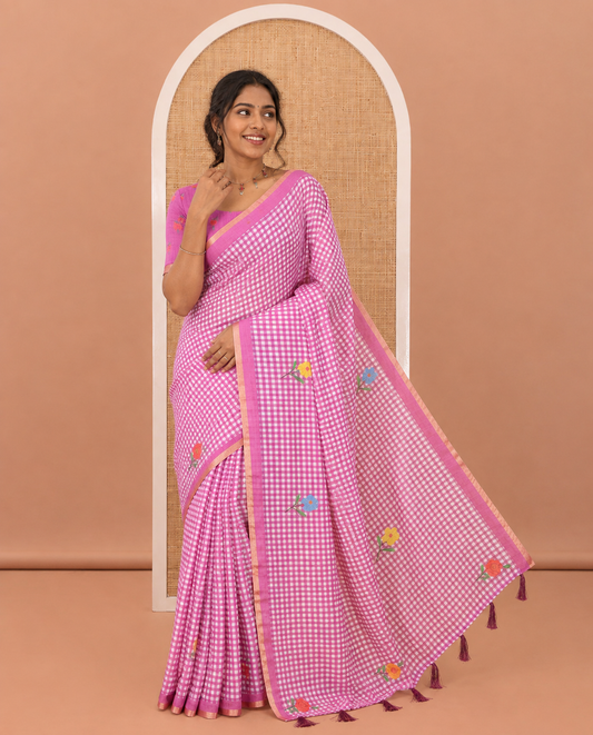 Pink Linen Cotton Saree, Beautiful Decked Up with Checks and Floral Motifs Printed All Over Its Body, Subtle Piping Border, Pallu Mirrors the Same Design, and Paired with a Printed Blouse