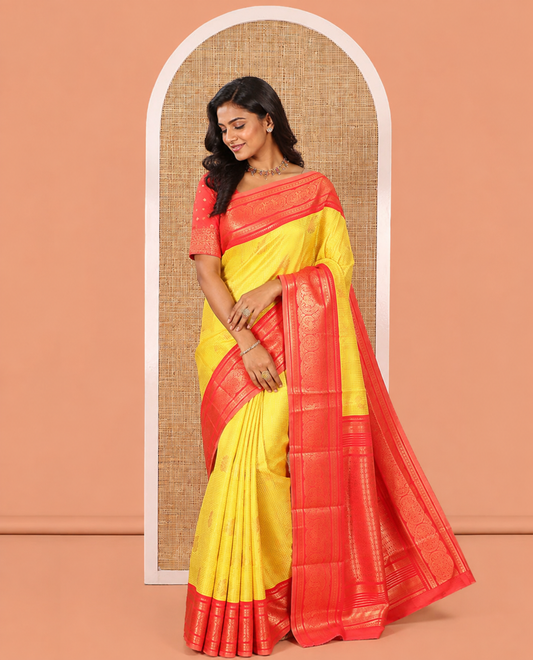 Yellow Litchi Saree with Zari Buttas and Zari Checks, Contrast Elephant Border, Intricate Pallu, a Contrast Blouse