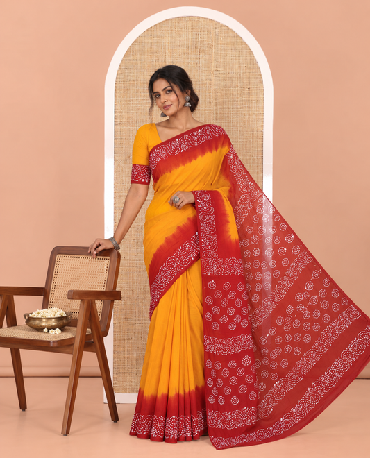 Black-Mustard Plain 60 Gm Georgette Saree, Contrast Batik Printed Border, Batik Printed Pallu, and a Matching Blouse