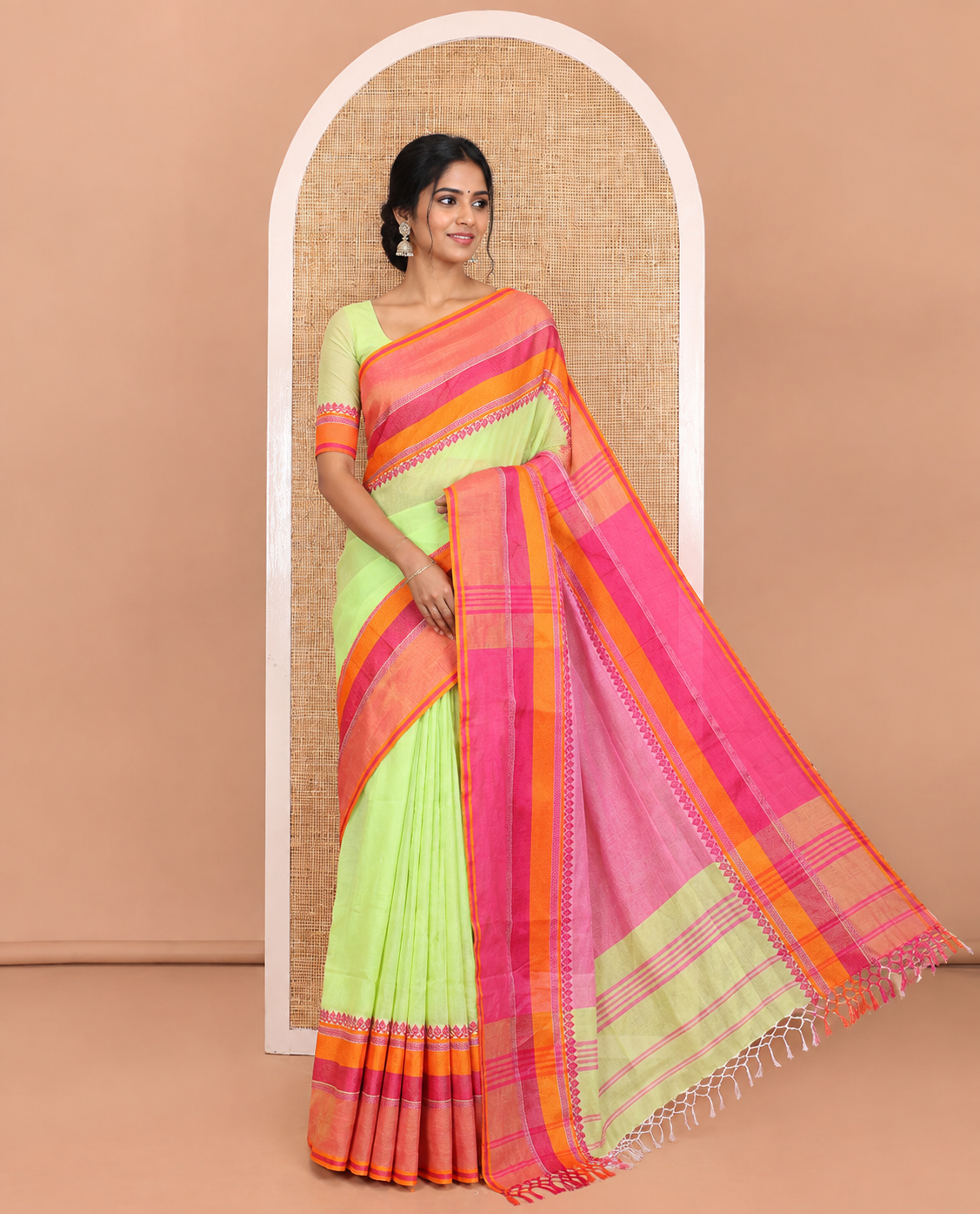Green Plain Khadi Mul Cotton Saree, Complemented by a Contrast Thread-Woven Border of Geometric Patterns, Contrast Plain Pallu, and Paired with a Matching Blouse