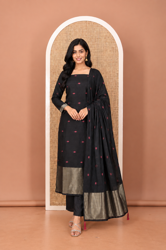 Black Semi-Linen Material Churidar, Delicately Woven with Thread Buttas Top, a Plain Bottom, and a Thread Buttas Dupatta