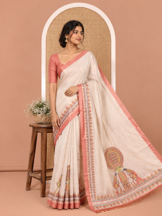 Gold Tissue Saree, Artfully Designed with Colorful Kathakali Print, a Contrast Printed Border and a Contrast Blouse