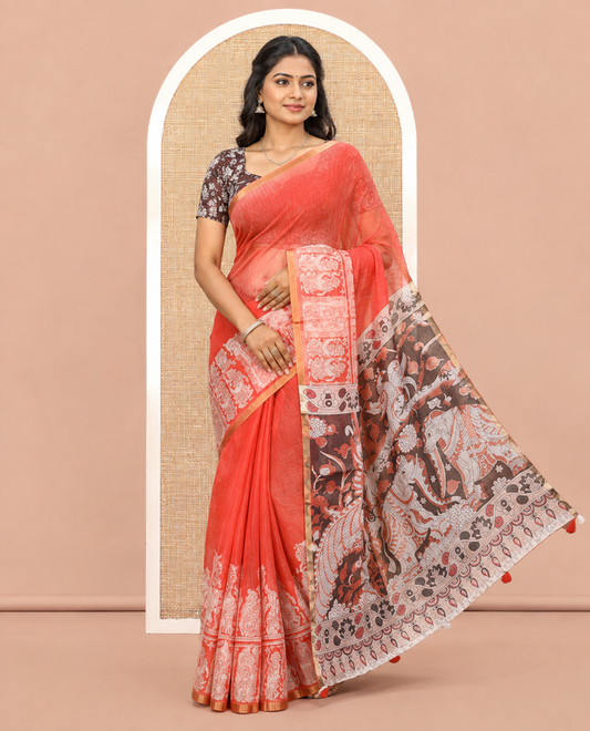 Fanta Linen Cotton Saree Features Kalamkari-Style Human Motifs Print, a Piping Border, Contrast Printed Pallu, and Contrast Blouse