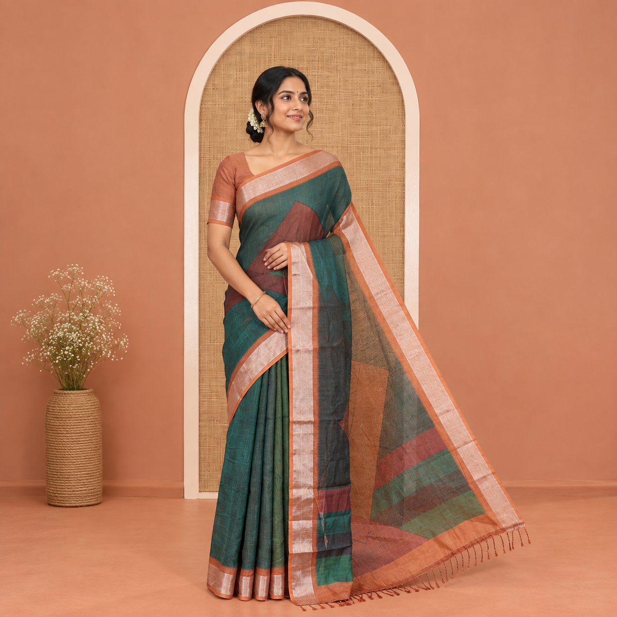 Green Linen Cotton Saree, Elevated with Geometric Print on Its Body, Complemented by Contrast Zari Border, Geometric Printed Pallu, and Paired with a Contrast Blouse