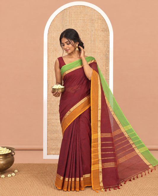 Red Plain Chettinad Cotton Saree, a Contrast Ganga-Jamuna Border, Striped Pallu, and a Matching Blouse