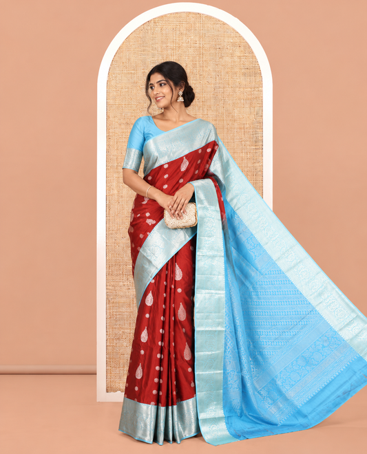 Maroon and Light Blue Budget Silk Saree, Zari Buttas All Over Its Body, With Contrast Traditional Zari Border of Paisley Designs, Grand Pallu, and Paired with a Contrast Blouse