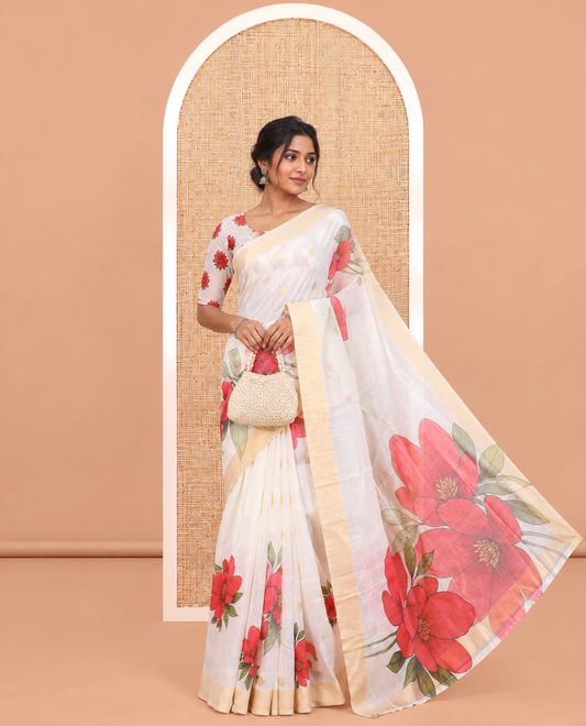 Cream Chanderi Cotton Saree Features Zari Buttas and Floral Print, a Zari Border, Printed Pallu, Matching Blouse