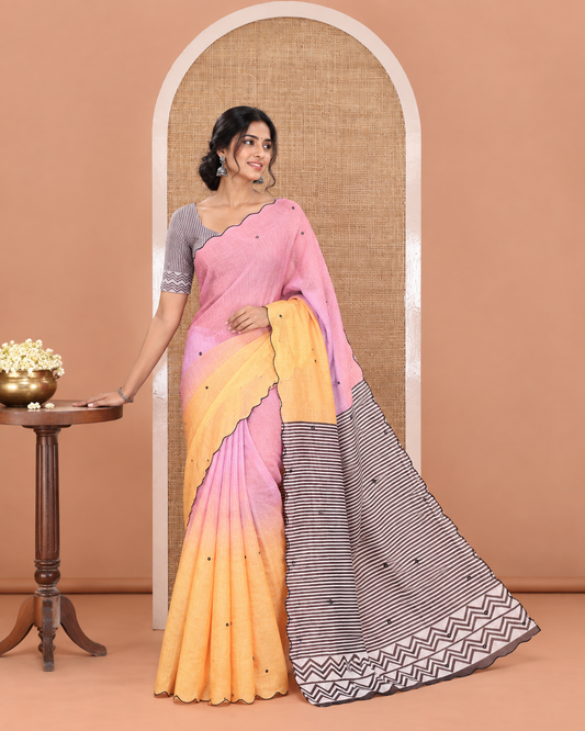 Pink-Yellow Linen Cotton Saree, Prettified with Ombre-Style Dyed with Mirror Work Across Its Body, Subtly Sparkled Scallop Thread Border, Pallu Steeped with Stripes and Mirror Work, and Paired with a Contrast Vertical Stripes Printed Blouse