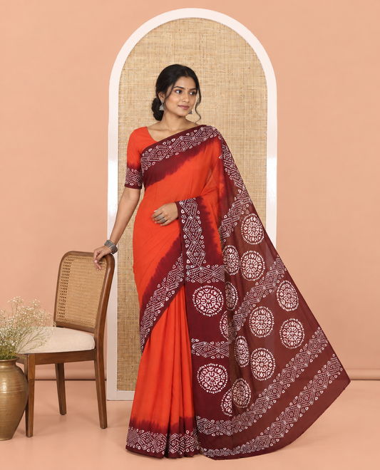 Black-Rust Orange Plain 60 Gm Georgette Saree, Contrast Batik Diamond Printed Border, Batik Printed Pallu, and a Matching Blouse