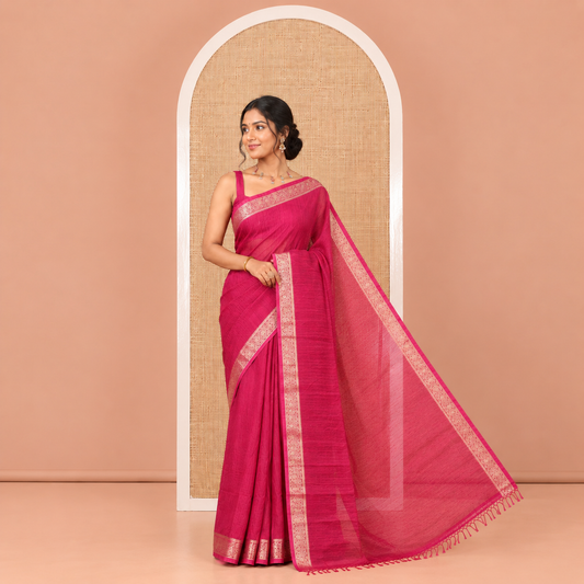 Purple Plain Moss Chiffon Saree, Highlighted by a Zari Border of Paisley Designs, a Self-Pallu, and Has No Blouse