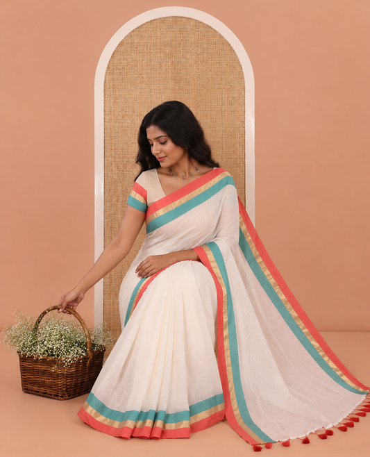 Cream Plain Khadi Mul Cotton Saree, Complemented by a Contrast Tri-Colored Border, a Self-Pallu, and a Matching Blouse