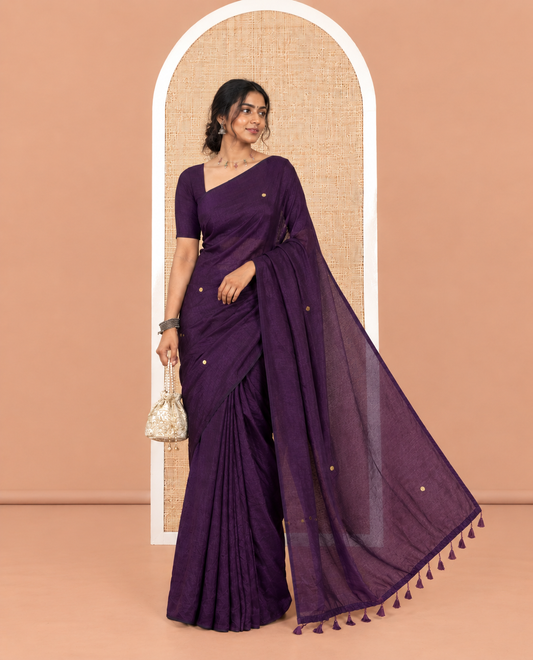 Borderless Purple Vichitra Saree Features Gleaming Sequin Work, and a Matching Blouse