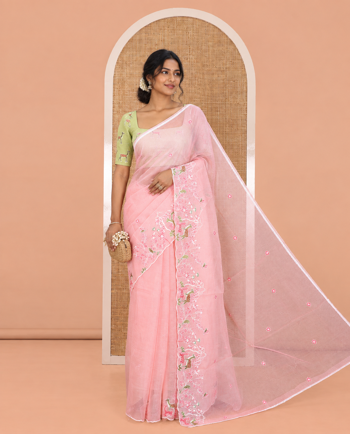 Pink Kota Doria Saree, Delicately Woven with Floral and Deer Embroidery, a Scallop Border, and a Contrast Deer Embroidery Blouse