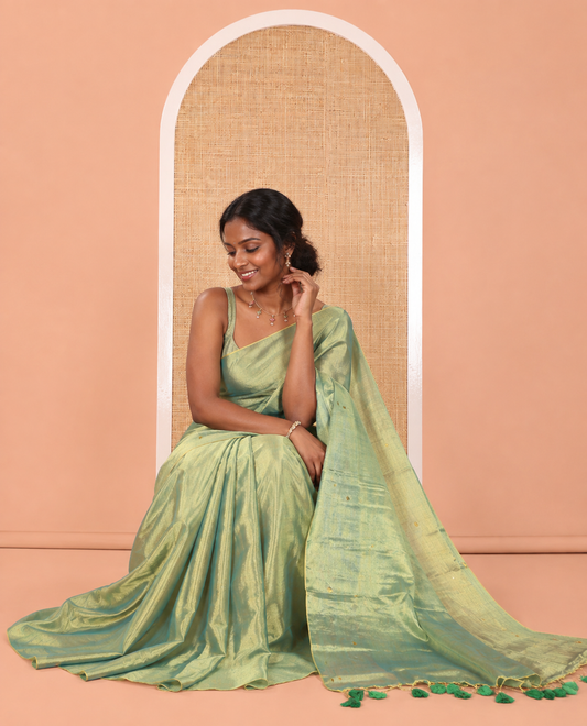Borderless Green Khadi Tissue Saree, Gleamed Up with Sequin Work, a Self-Pallu, and a Matching Blouse