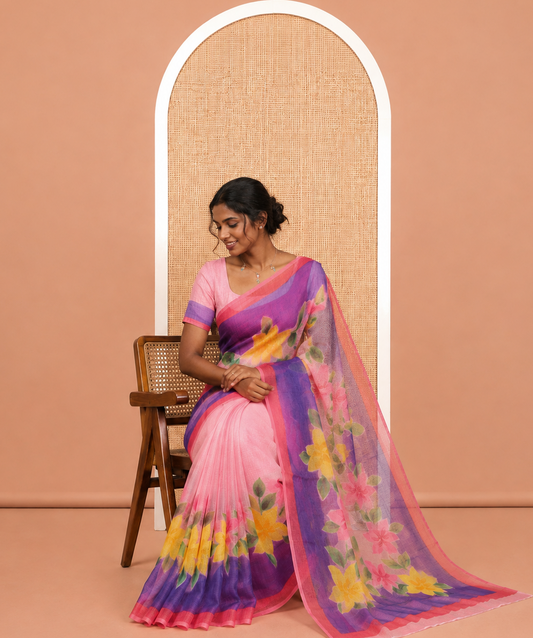 Peach Kota Doria Saree, Adorned with 6-Petal Floral Print, a Contrast Border, and a Matching Blouse