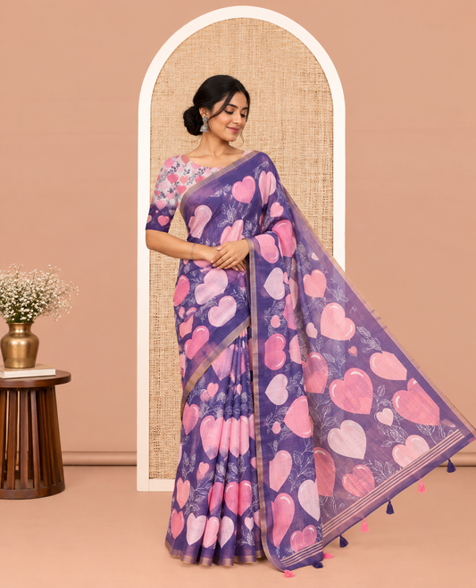 Borderless Violet Heart Motifs Printed Linen-Cotton Saree, Self-Printed Pallu, and Matching Blouse