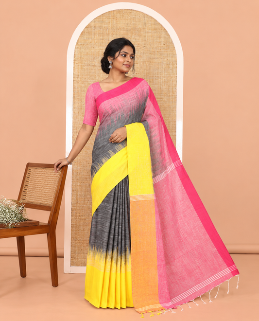 Grey Ikkat Weave Khadi Linen Saree, Complemented by a Contrast Ganga-Jamuna Border, and a Contrast Blouse