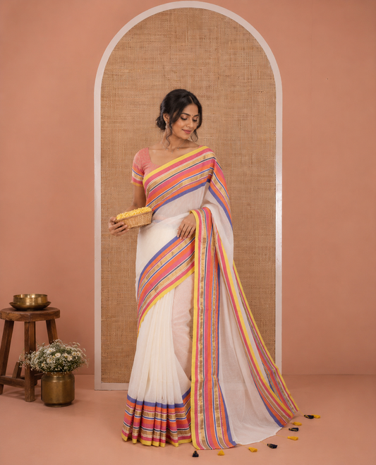 Blue-Cream Plain Khadi Mul Cotton Saree, a Contrast Multi-color Striped Border, a Self-Pallu, and No Blouse