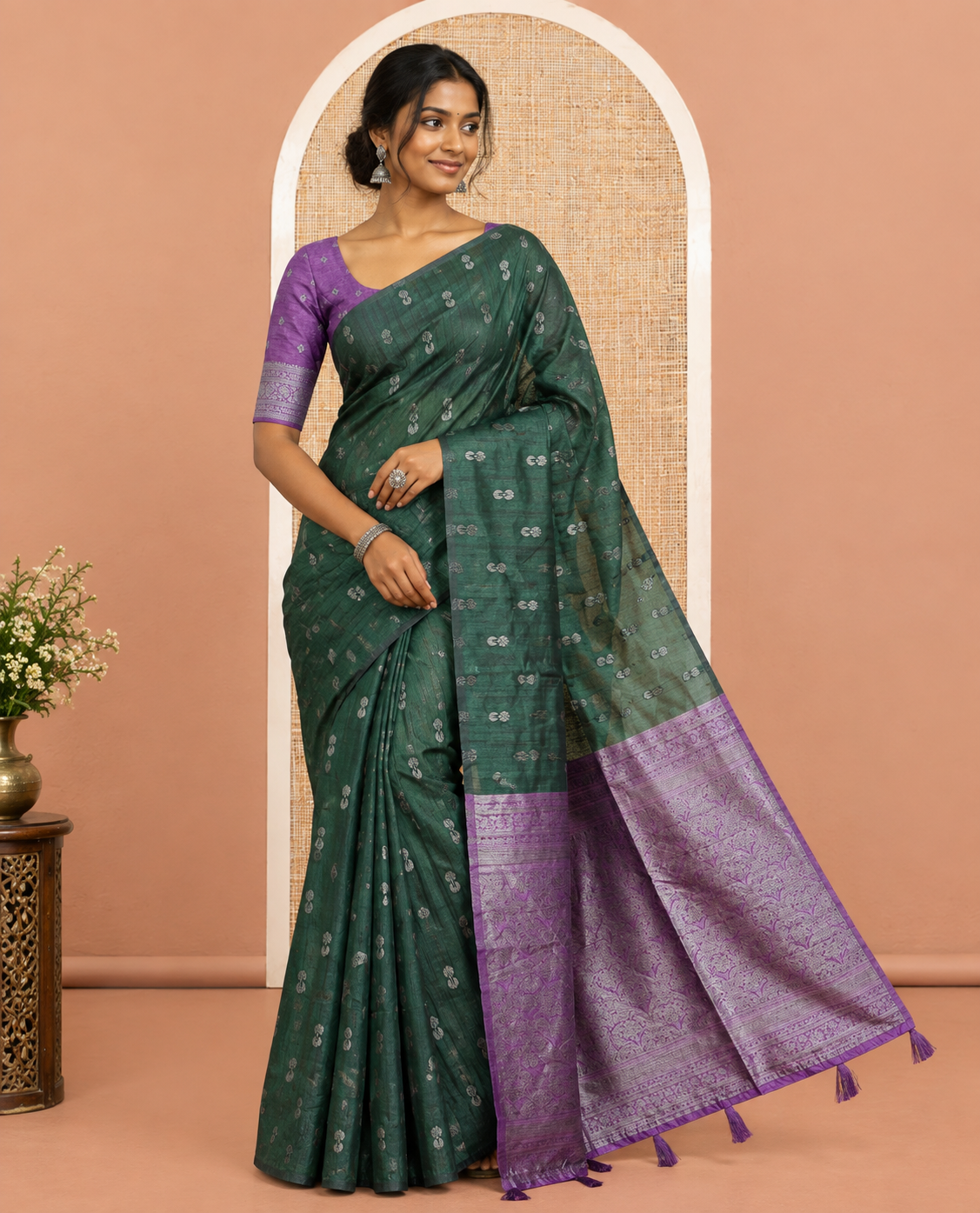 Borderless Bottle Green Jute Cotton Saree, Adorned with Zari Buttas, Contrast Intricate Pallu, a Contrast Blouse