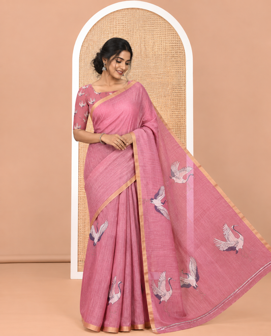 Borderless Pink Linen Cotton Saree, Adorned with Crane Motifs Print, and a Matching Blouse