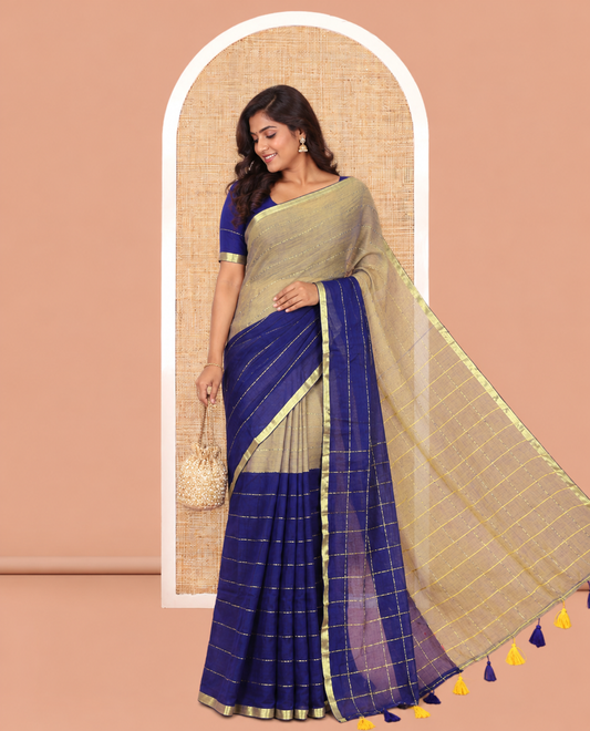 Mehendi-Blue Khadi Mul Cotton Saree