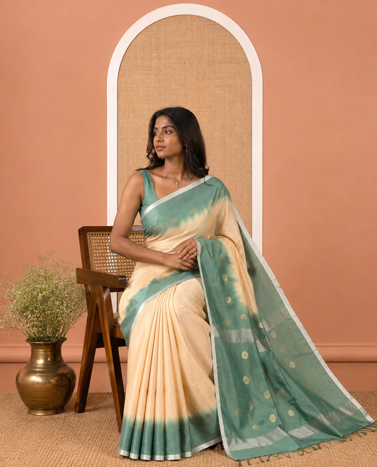 Chikku Bhagalpur Cotton Saree, Subtly Sparkled with Buttas, a Contrast Butta Border, and a Contrast Blouse