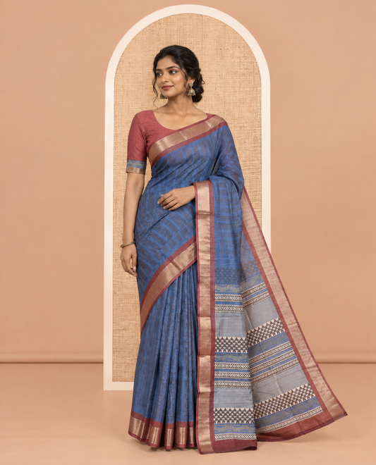 Blue Art Tussar Saree, Adorned with Geometric Patterns, a Contrast Zari Border, a Geometric Pallu, and a Contrast Blouse