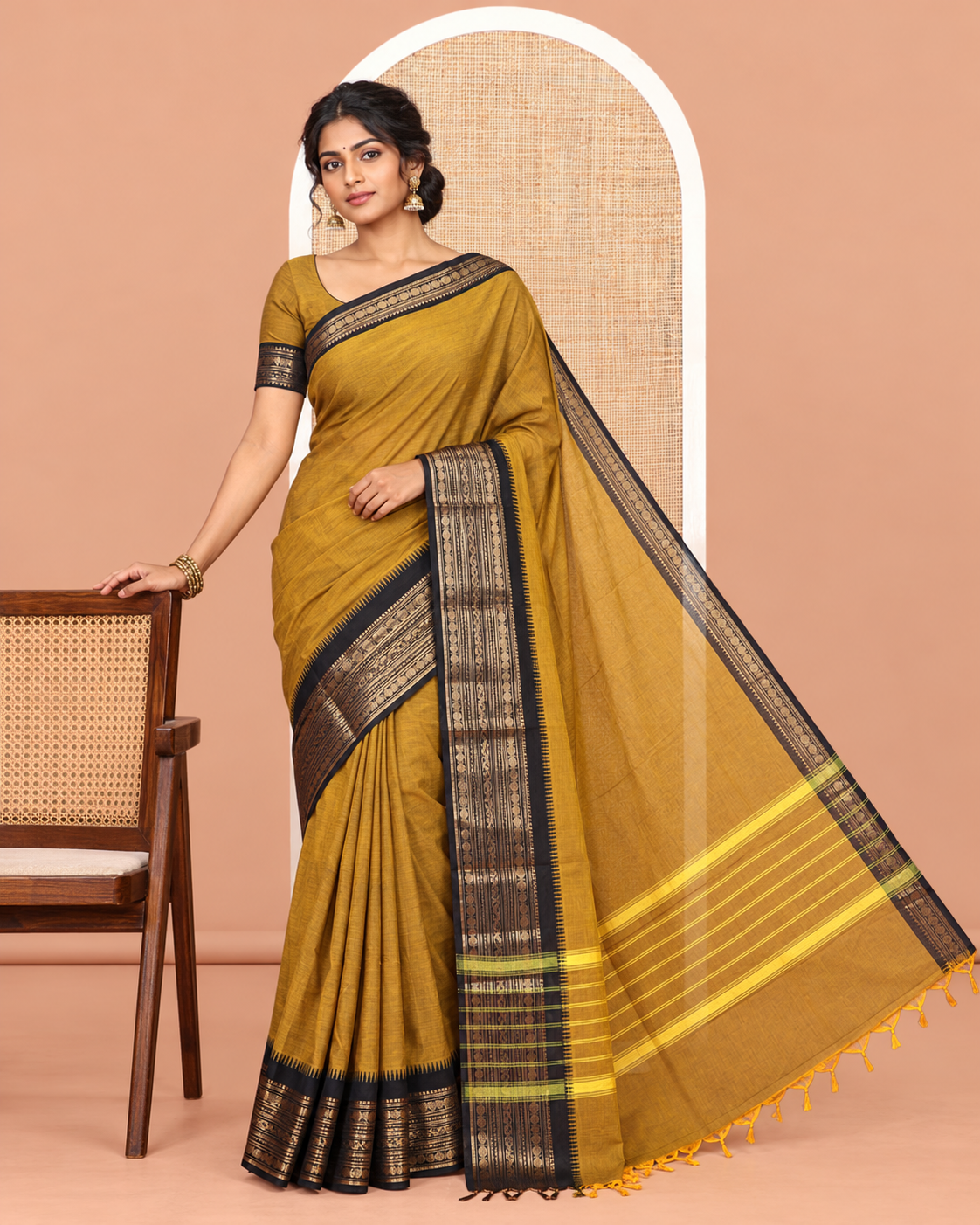 Mustard Plain Chettinad Cotton Saree, a Contrast Traditional Zari Temple Border, Striped Pallu, a Matching Blouse
