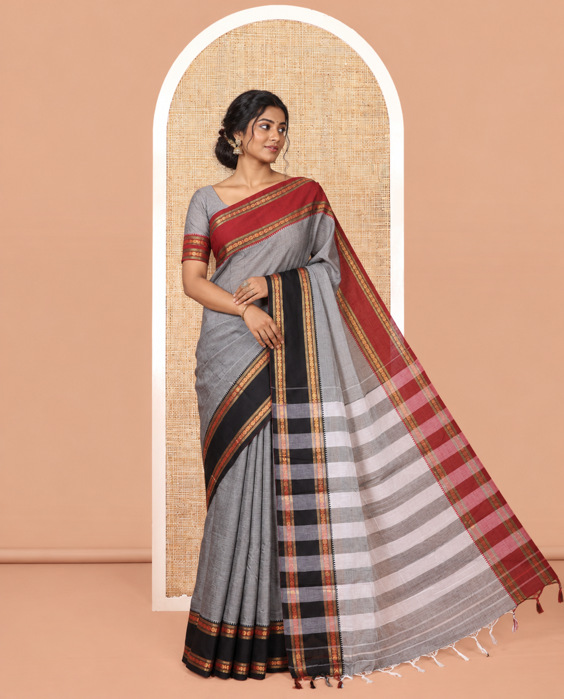 Grey Plain Mercerised Cotton Saree, Contrast Ganga-Jamuna Temple Rudraksha Border, Striped Pallu, and a Matching Blouse