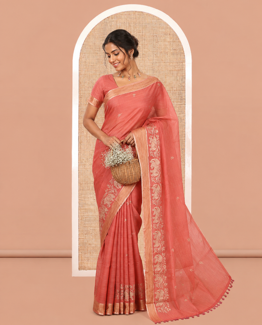 Rust Chanderi Cotton Saree Features Floral-Elephant Embroidery, a Contrast Border, and a Matching Blouse