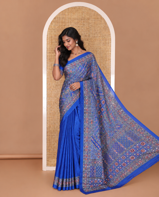 Blue kaleidoscopic colored intricate printed with mirrorwork masakali saree, printed border, print with mirror work pallu, and a matching blouse