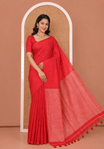 Borderless Red Plain Khadi Mul Cotton Saree, a Contrast Heathered Pallu, and a Matching Blouse