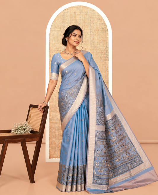 Blue Satin Silk Saree, Adorned with Warli Motif Print, Highlighted by Warli Printed Zari Border, Warli-Village Palllu, and a Matching Blouse