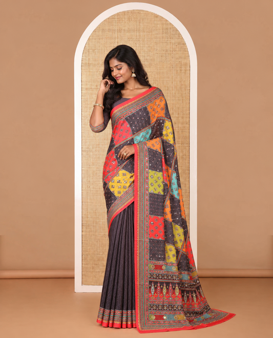 Multi color geometric design, mirror work synon silk saree with printed border, mirror work & printed pallu along with plain blouse