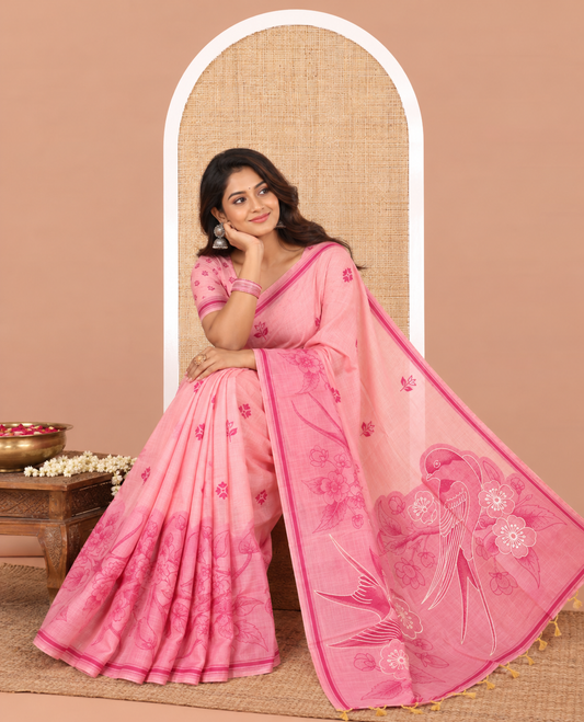 Pink Munga Cotton Saree, Beautified with Floral Buttas, a Contrast Floral-Bird Printed Border, and a Matching Blouse