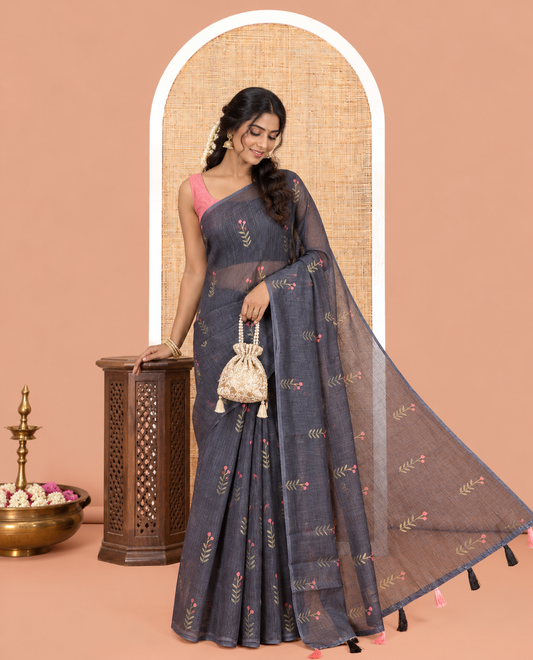 Borderless Black-Baby Pink Linen Cotton Saree
