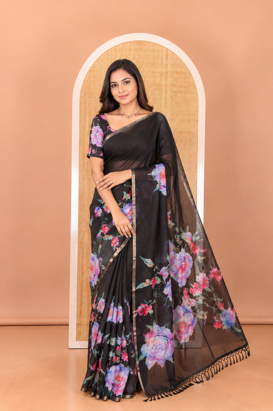 Borderless Black Floral Printed Linen Cotton Saree, Colorfully Floral-Printed Pallu, and a Matching Blouse