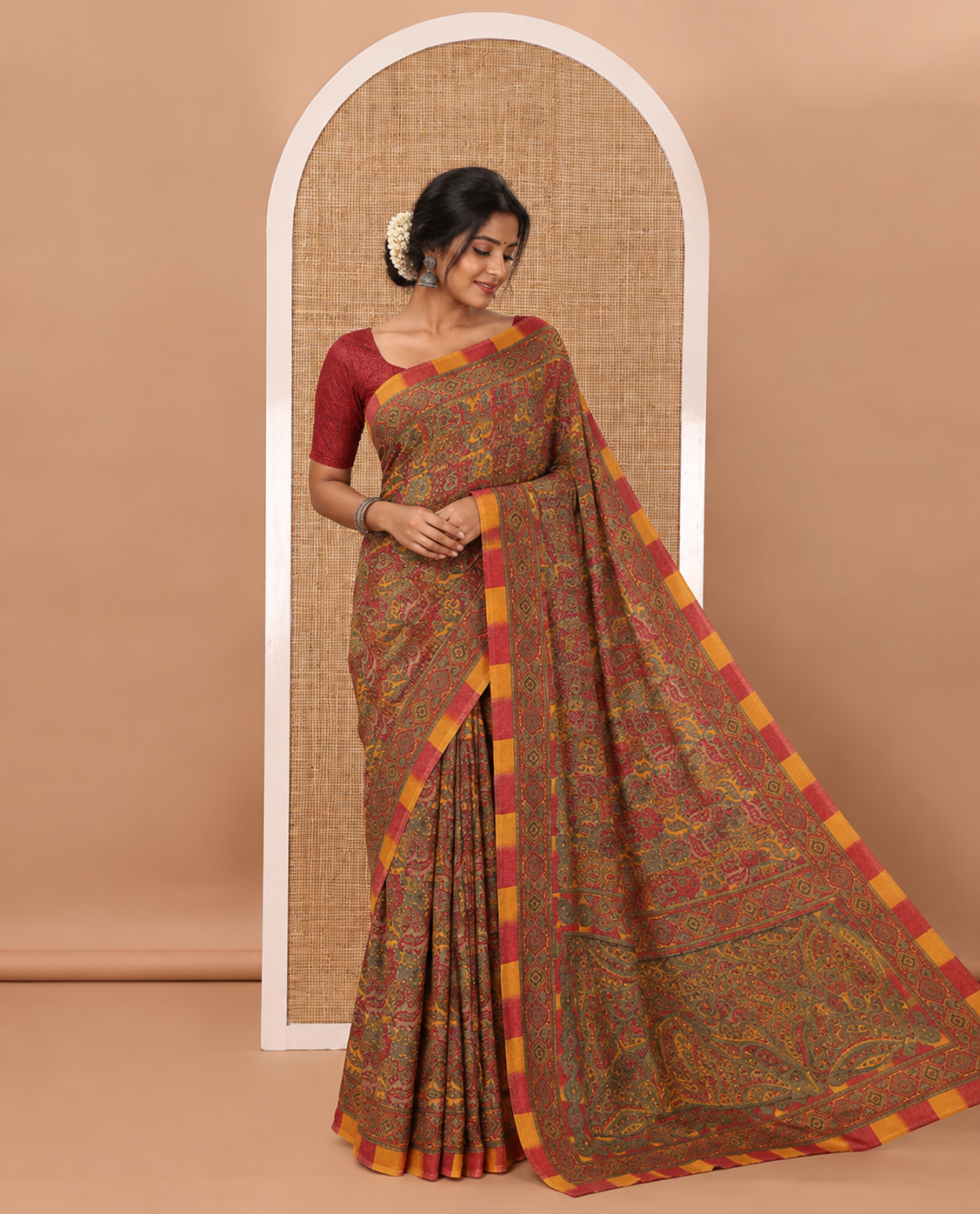 Multi-color intricately floral printed kimaya saree, ogee design printed border, intricately printed pallu & contrast color printed blouse