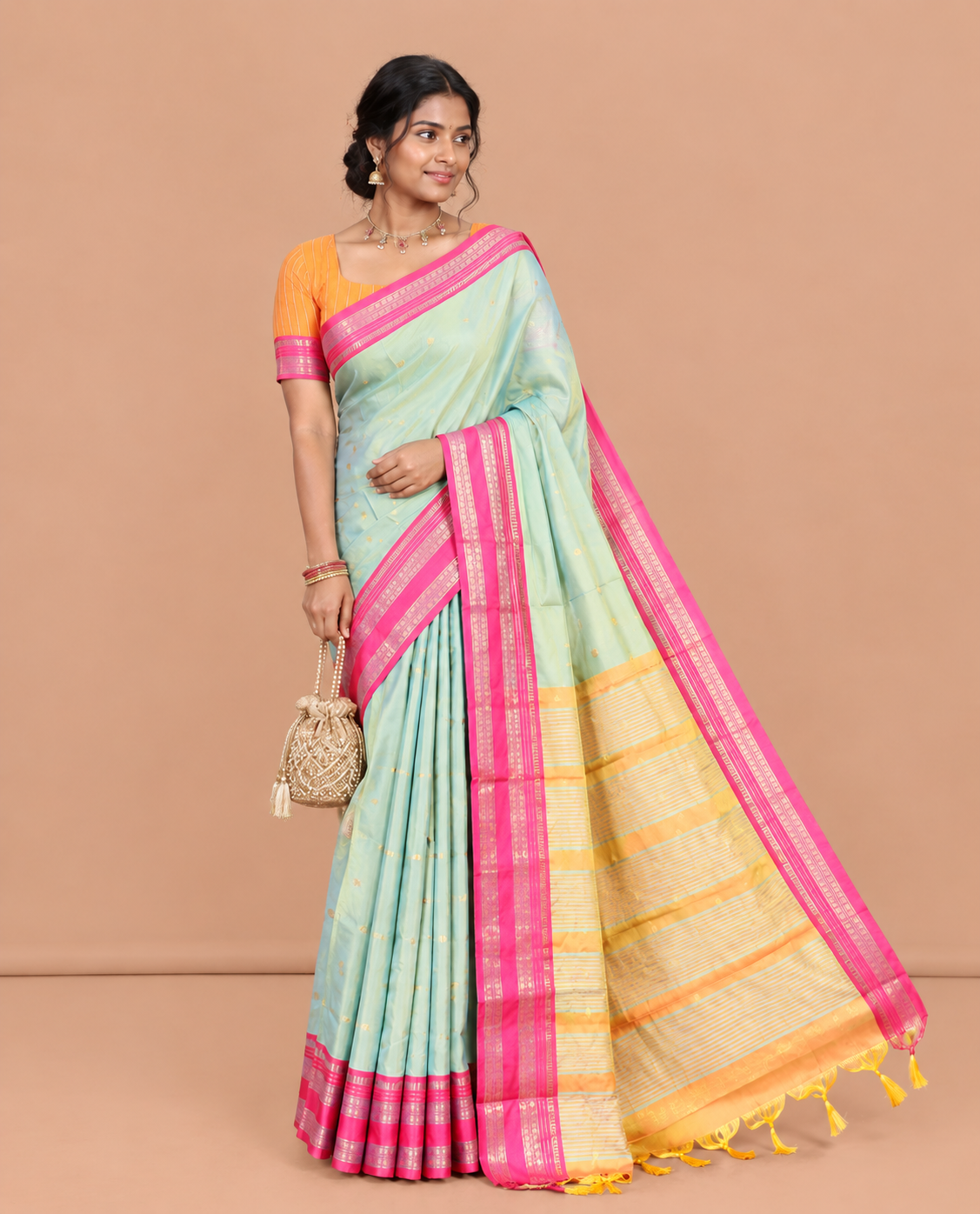 Rama Softy Silk Saree, Adorned with Zari Buttas, a Contrast Traditional Zari Border, and a Matching Blouse