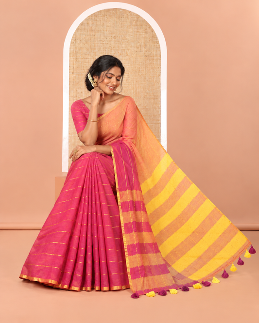 Orange and Pink Khadi Mul Cotton Saree, Decked Up with Horizontal Zari Stripes on Its Body, Zari Piping Border, Subtly Striped Pallu, and Paired with a Contrast Blouse