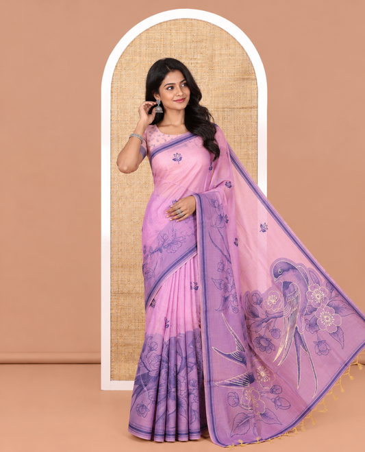 Lavender Munga Cotton Saree, Beautified with Floral Buttas, a Contrast Floral-Bird Printed Border, and a Matching Blouse