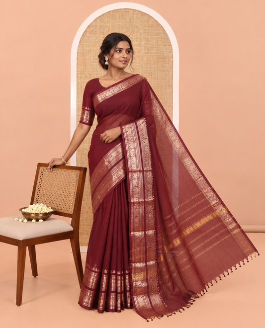 Brown Plain Chettinad Saree, Gleamed Up with a Zari Rettai Pettu Traditional Border, Striped Pallu, and a Matching Blouse