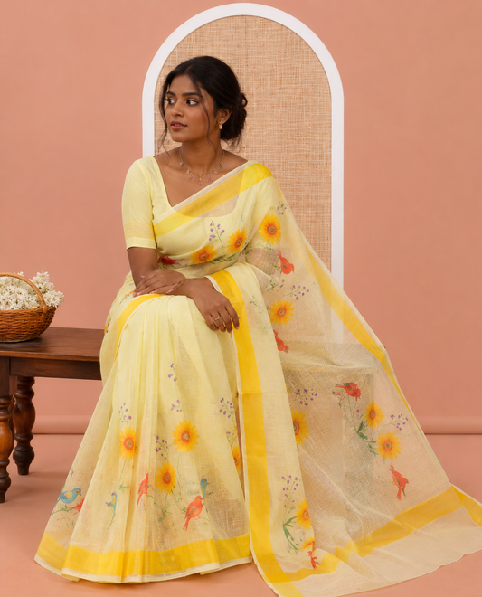 Yellow Kota Doria Saree, Adorned with a Floral-Bird Hand-Brush Painting-Style Print, a Contrast Border, and a Matching Blouse
