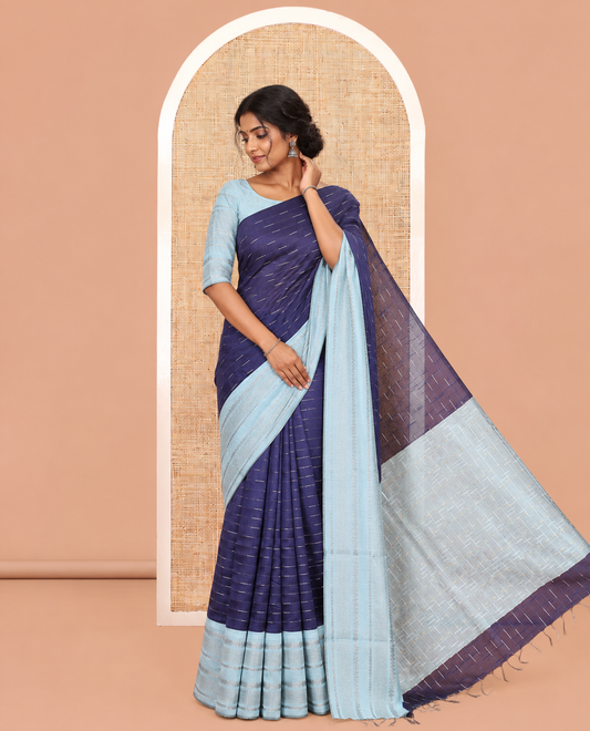 Navy Blue-Grey Semi-Raw Silk Saree, Subtly Sparkled with Thread Stripes, a Contrast Traditional Zari Border, Checked Pallu, a Contrast Blouse