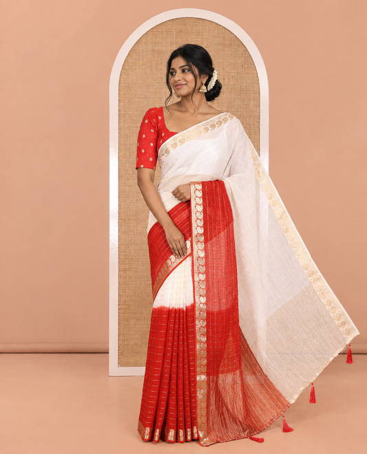Off-White-Red Chiffon Saree, Ornamented with Dual-Dyed and Zari Checks, Paisley Border, Striped Pallu, Contrast Blouse