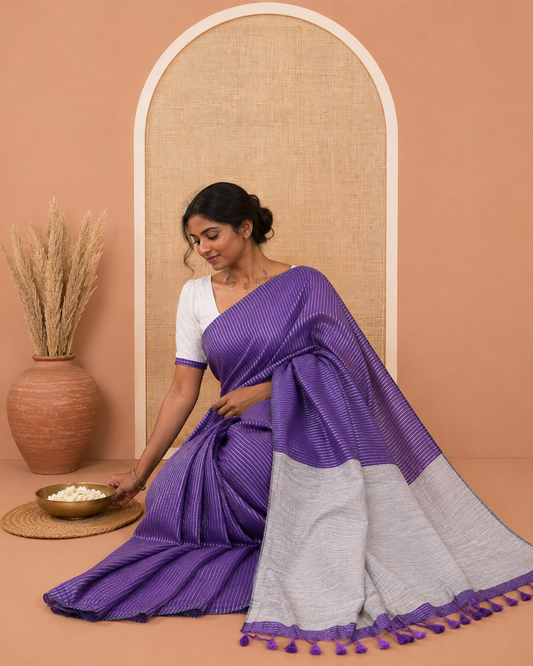 Borderless Violet Zari Striped Khadi Cotton Saree, Contrast Pallu, and No Blouse
