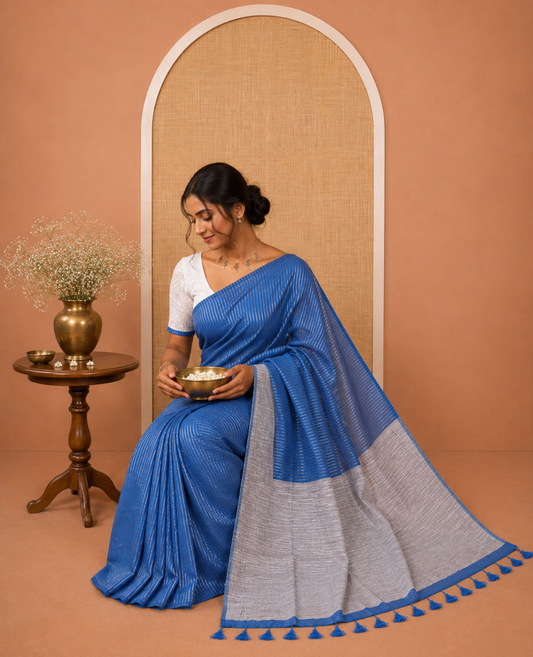 Borderless Blue Zari Striped Khadi Cotton Saree, Contrast Pallu, and No Blouse